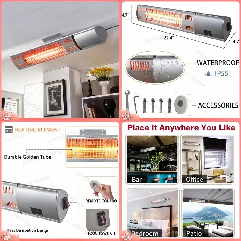 1500W Ultra Quiet Wall Mounted Heater with Remote Control for Patio Bedroom Office Indoor Heating Space Saving