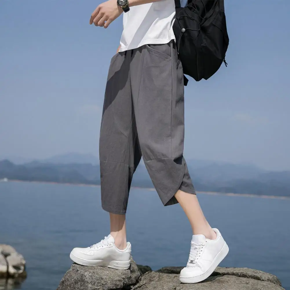 

Drawstring Adjustment Pants Men Cropped Pants with Pockets Men's Casual Cropped Pants with Side Pockets for Beach for Active