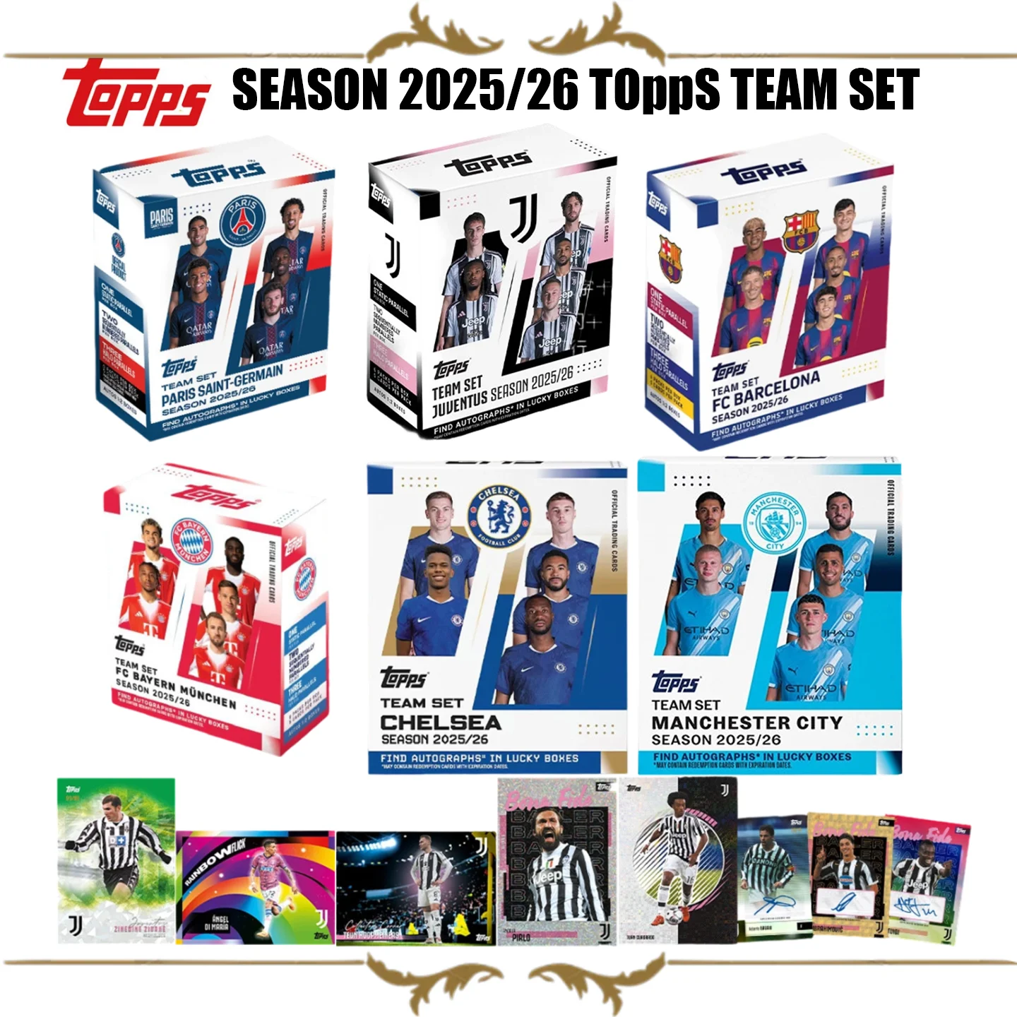 

Коллекционные карточки Topps 25-26: Оригинальный набор команд (Манчестер Сити, Барселона, Бавария Мюнхен, Ювентус, Челси, ПСЖ) — Премиум-серия для любителей футбола