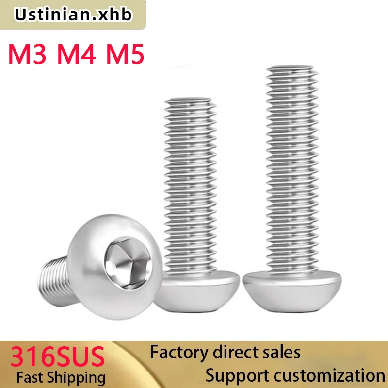 

M3 M4 M5 316 Stainless Steel Hexagon Hex Socket Button Head Lengthened Bolts Round Flat Head Screw Length : 5-100mm