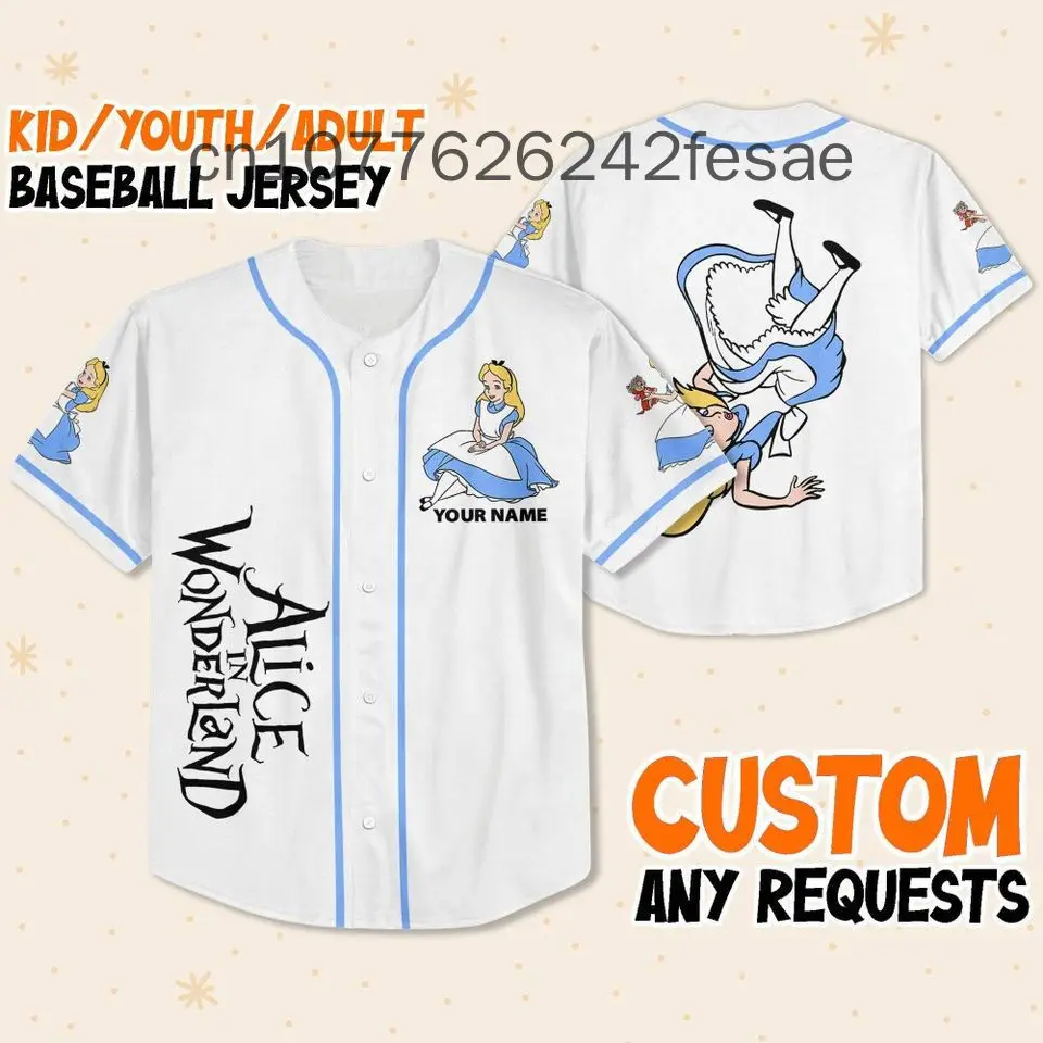 New Custom Disney Alice nel paese delle meraviglie Adventure Simple Baseball Jersey camicia abbottonata manica corta da uomo da donna