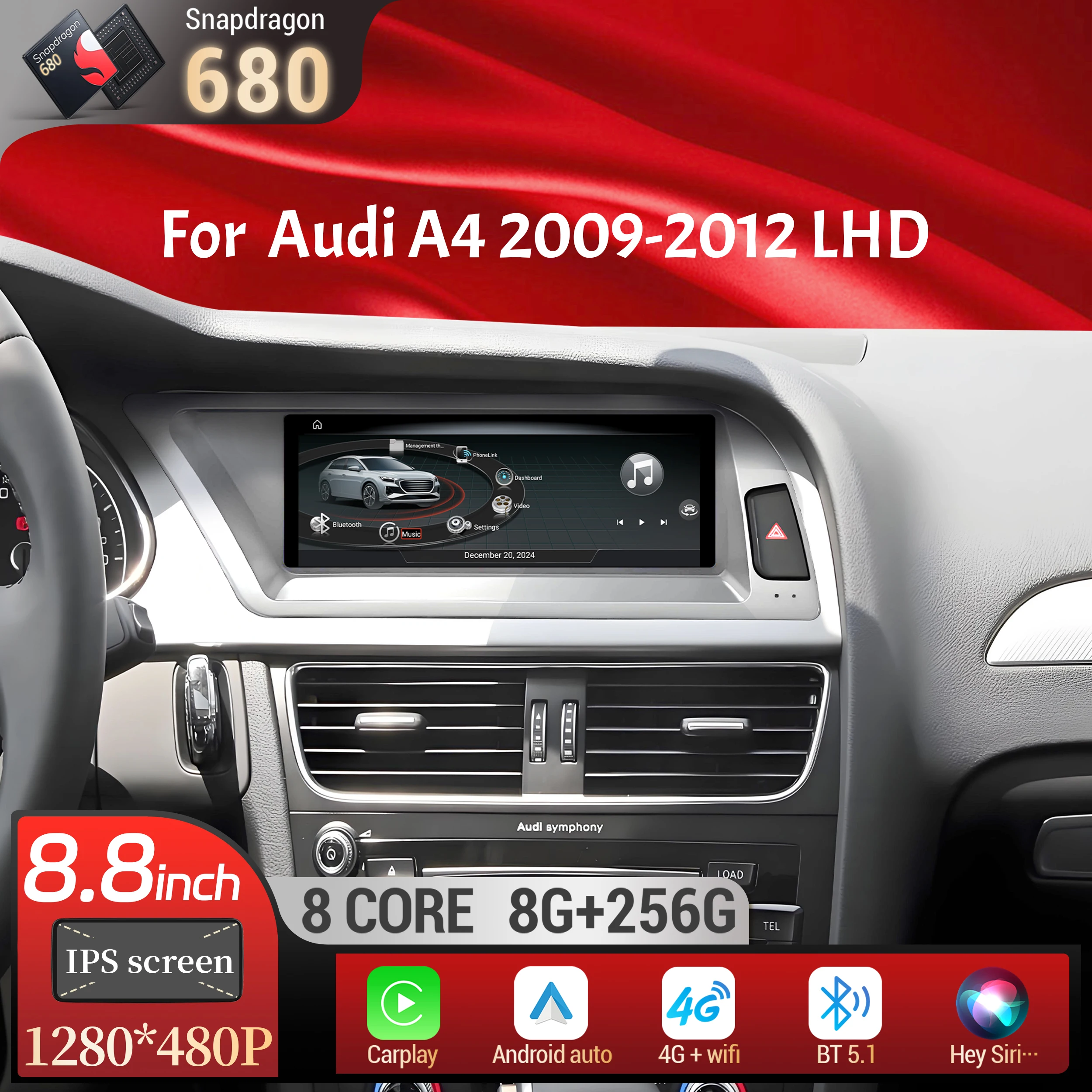 

8.8 inch Left Hand Drive Android 14 For Audi A4 2009-2012 Car Radio Wireless BT Carplay Head Unit Qualcomm Snapdragon 680 Screen