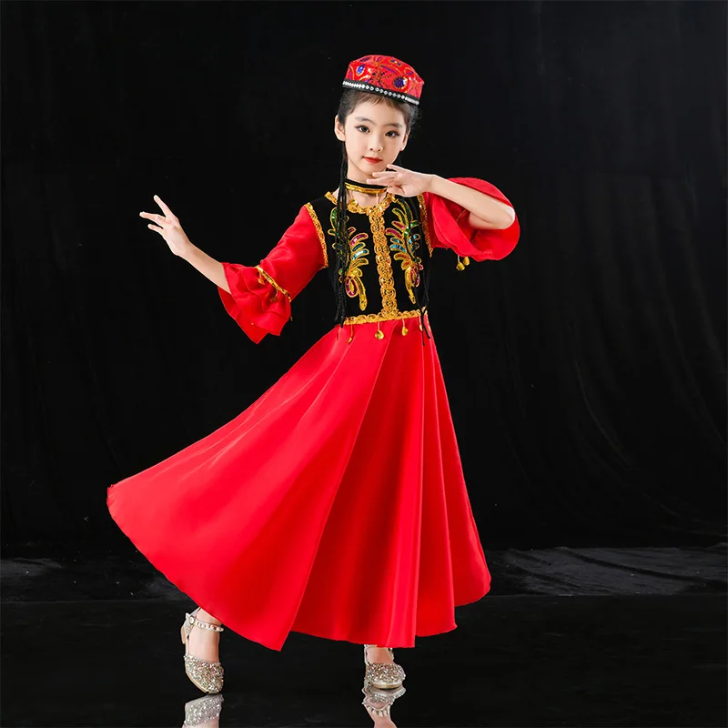 Costumi di danza uigura dello Xinjiang per ragazze Costume di danza popolare di minoranza nazionale antica Abbigliamento da ballo moderno per bambini