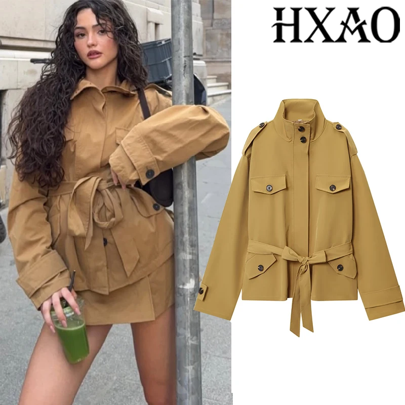 

HXAO женский короткий плащ с поясом, осенняя ветровка с длинными рукавами, пальто на пуговицах, демисезонные новые уличные женские плащи