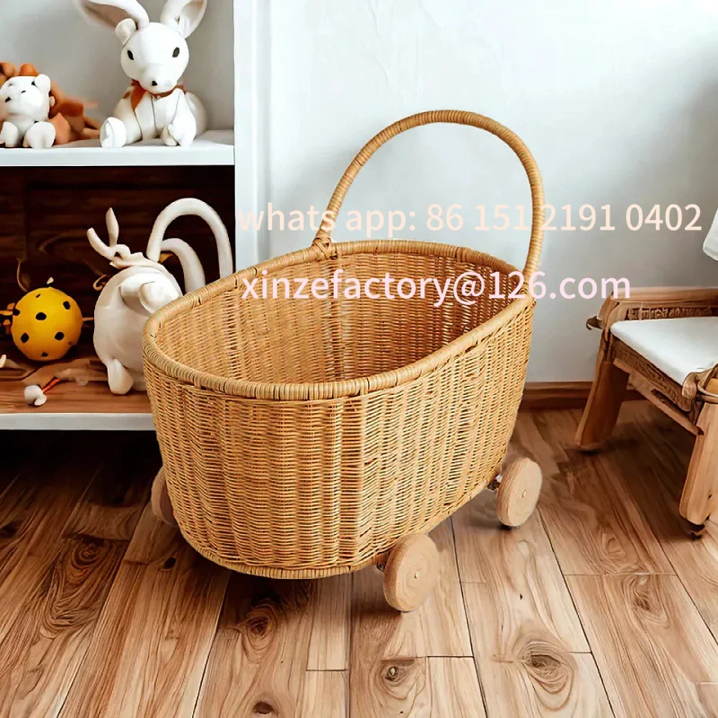 

Customizable Rattan Toy Basket with Wheels Large Capacity Sundries Organizer Mobile Kids Toy Storage Cart Nursery R