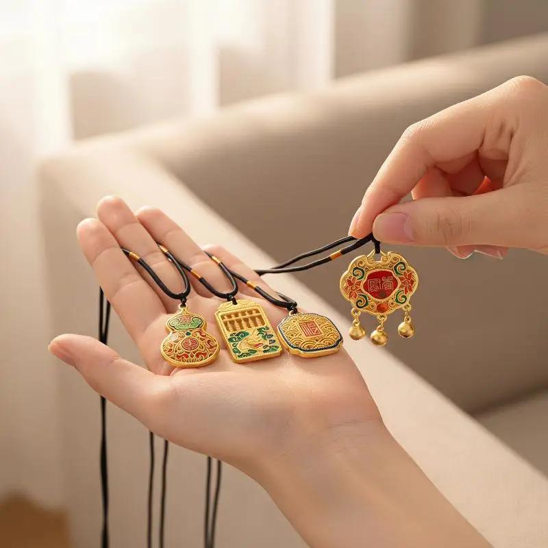 Premium Sand Gold Flower Wire Hollow Lucky Charm Bag Gourd Necklace Wealth Attracting Peace Lock Longevity Lock