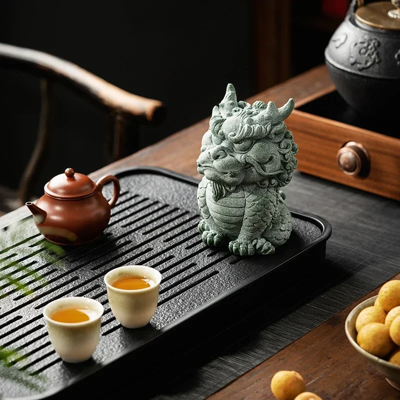 

Figurines Blue Sand Stone Fish Tank Landscape Chinese - Style Auspicious Animal Kirin Home Creative Boutique Tea Pet Decoration