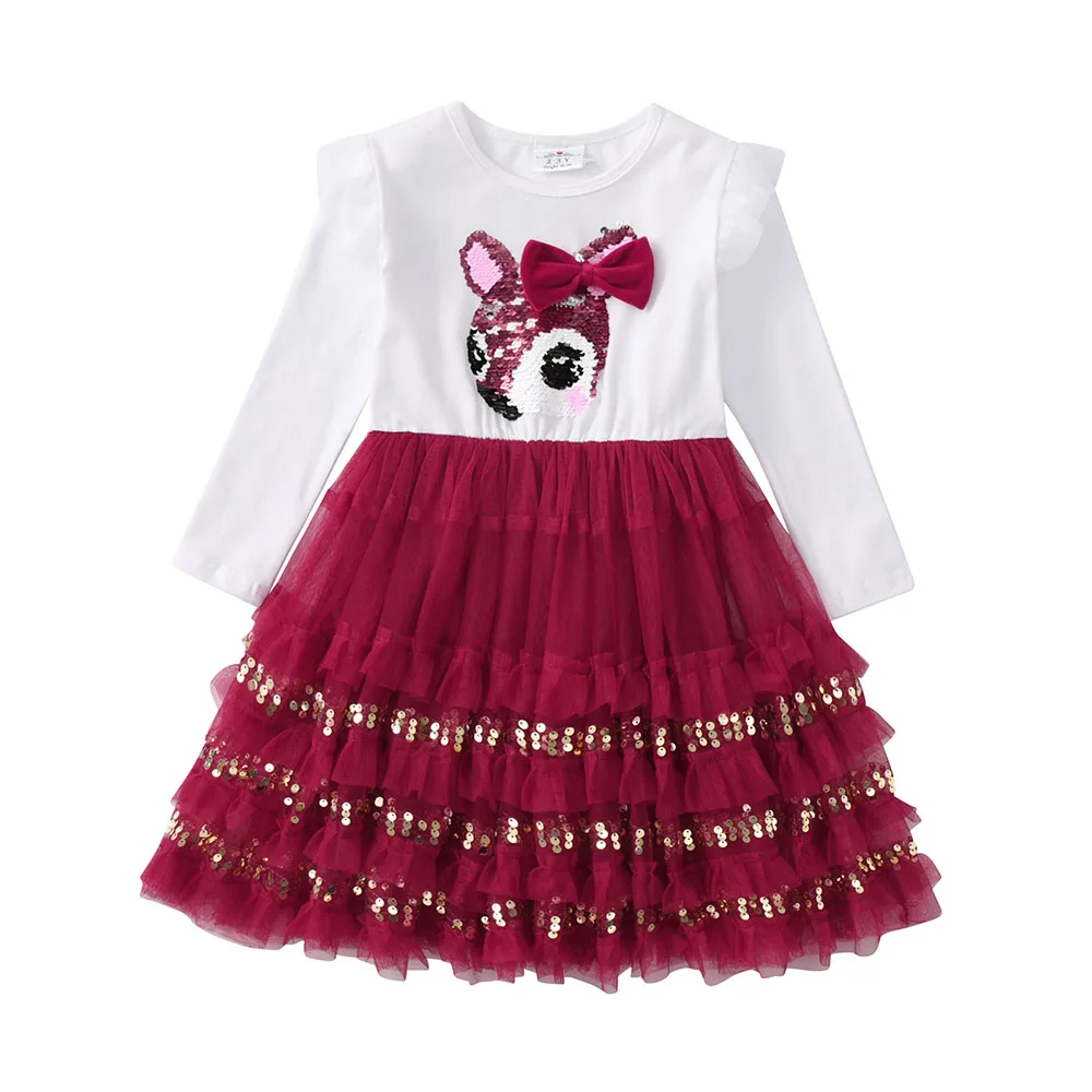 VIKITA Girls Christmas Dress New Year Clothes Kids Princess Tutu Dress Birthday Party Vestidos Children Elk Sequins Red Dresses