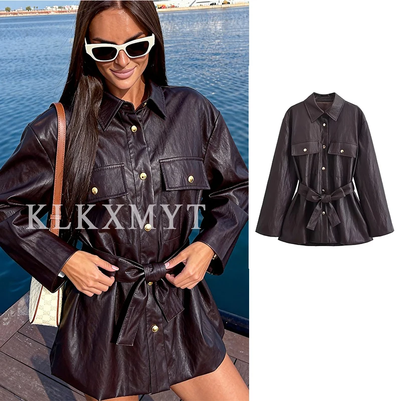 

Женская кожаная куртка, осень 2024, новая модная однотонная однотонная куртка на пуговицах с длинными рукавами и поясом, женская шикарная свободная верхняя одежда для отдыха