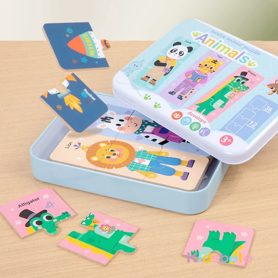 유아 만화 퍼즐 몬테소리 나무 조각 그림 맞추기 게임 어린이 선물 동물 차량 인지 학습 장난감 3세 이상 어린이용