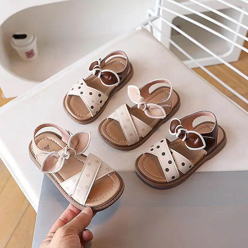

Детские сандалии Kawaii Casual для девочек, летние, новые, 2026, дышащие, модные, в горошек, с бантом, принцесса, для малышей