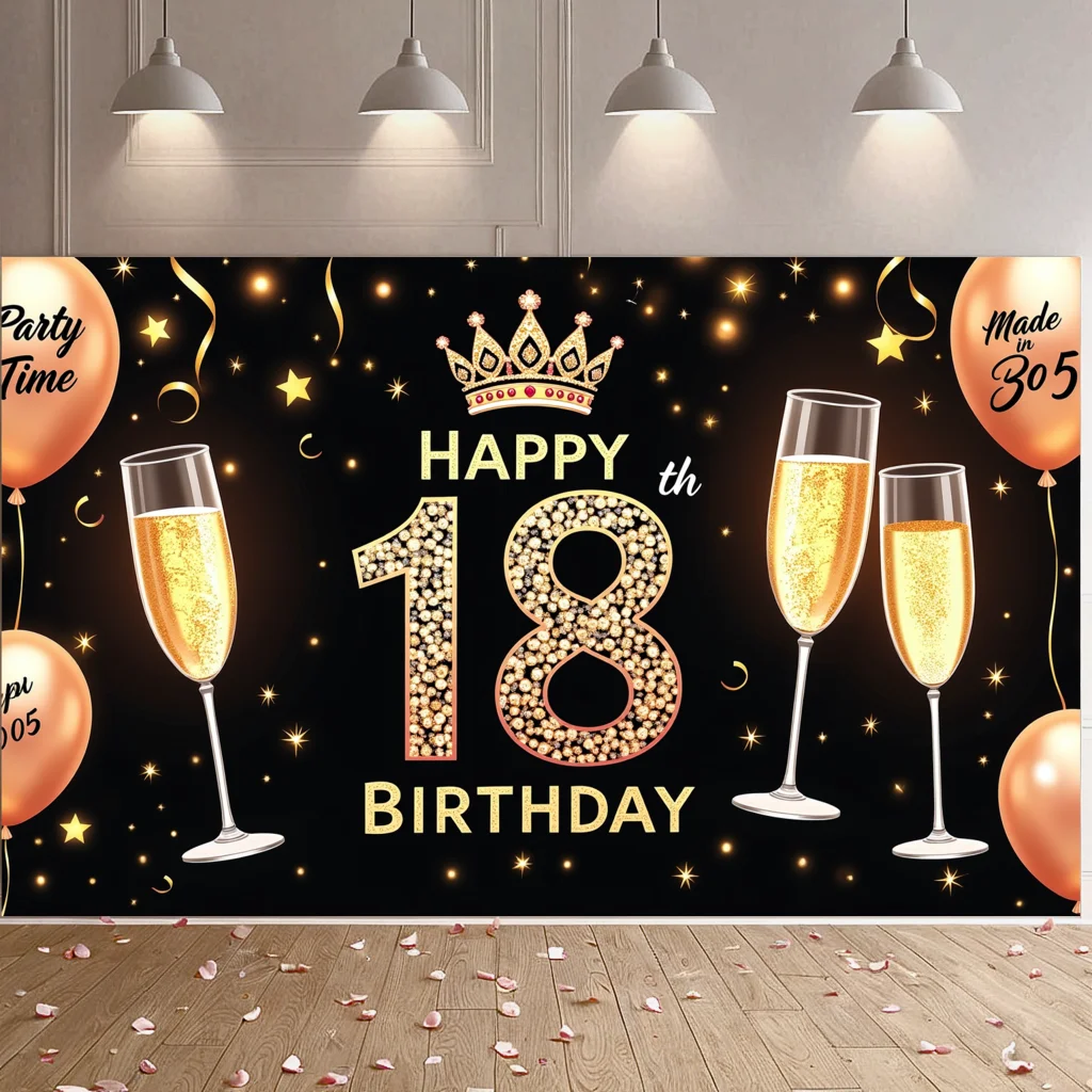 Фон для фотосъемки с 18-м днем рождения, золотые, черные украшения, вечерние украшения, праздничный реквизит для фотосъемки на 18-й день рождения Фон для фотосъемки с 18-м днем рождения, золотые, черные украшения, вечерние украшения, праздничный реквизит для фотосъемки на 18-й день рождения