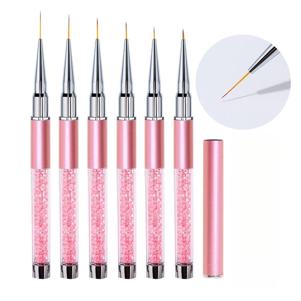 1/6Pcs Nail Art Liner Brush Set Rhinestone Handle Ultra Thin Striping Fine Detail Drawing for Gel Polish French Manicure DIY