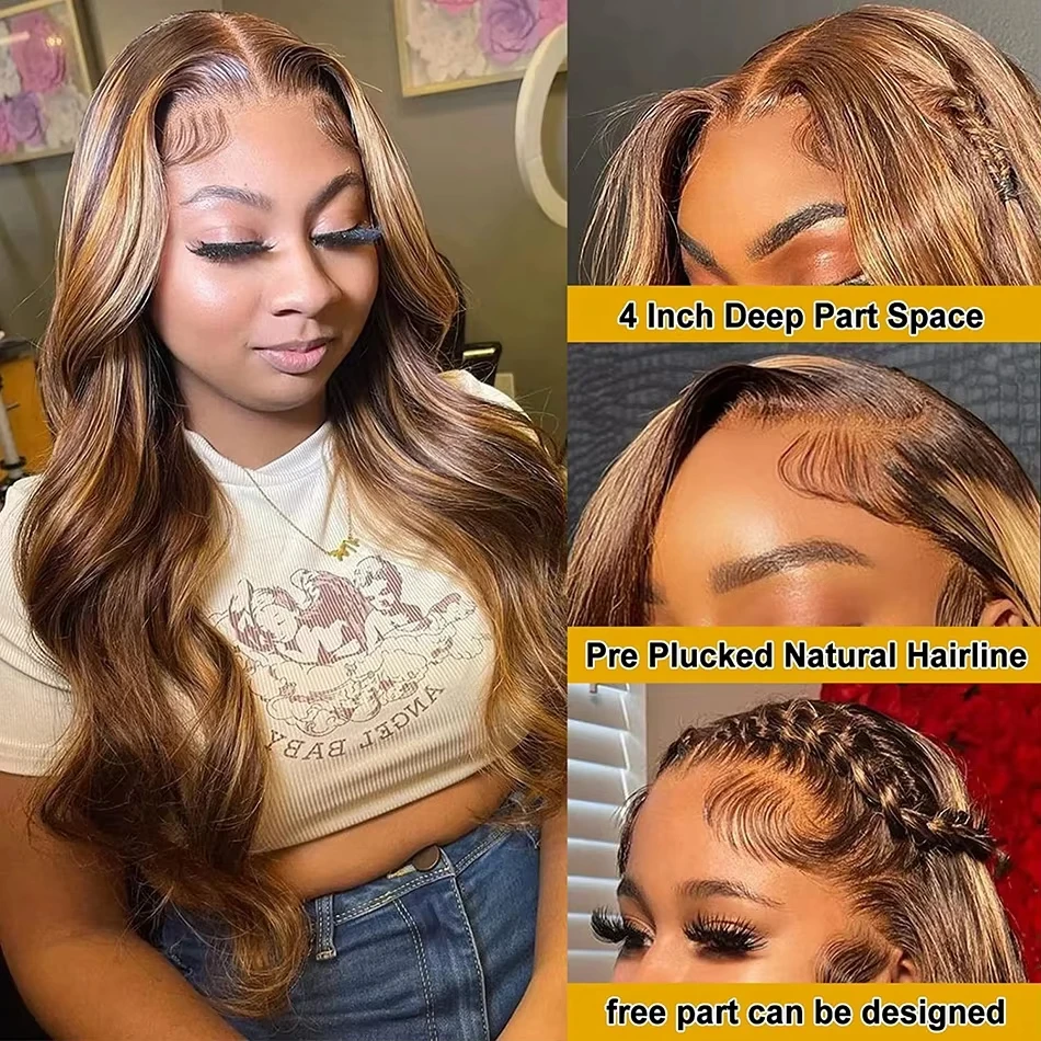 Body Wave 13x4 Hd Transparent Lace Front Wig Colored Highlight Human Hair Wigs For Women Brazilian 4/27 Blonde Pre Plucked Wigs image 4