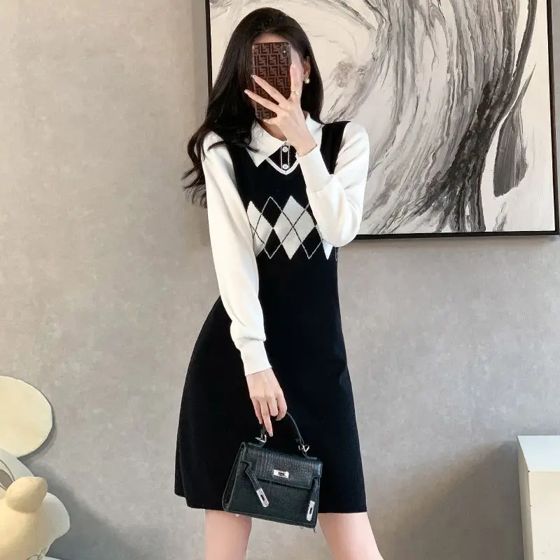 

Preppy Style Polo-Neck Dresses Autumn Winter Fake Two Pieces Spliced Women's Clothing Commute Argyle Knitted Waist Mini Dress