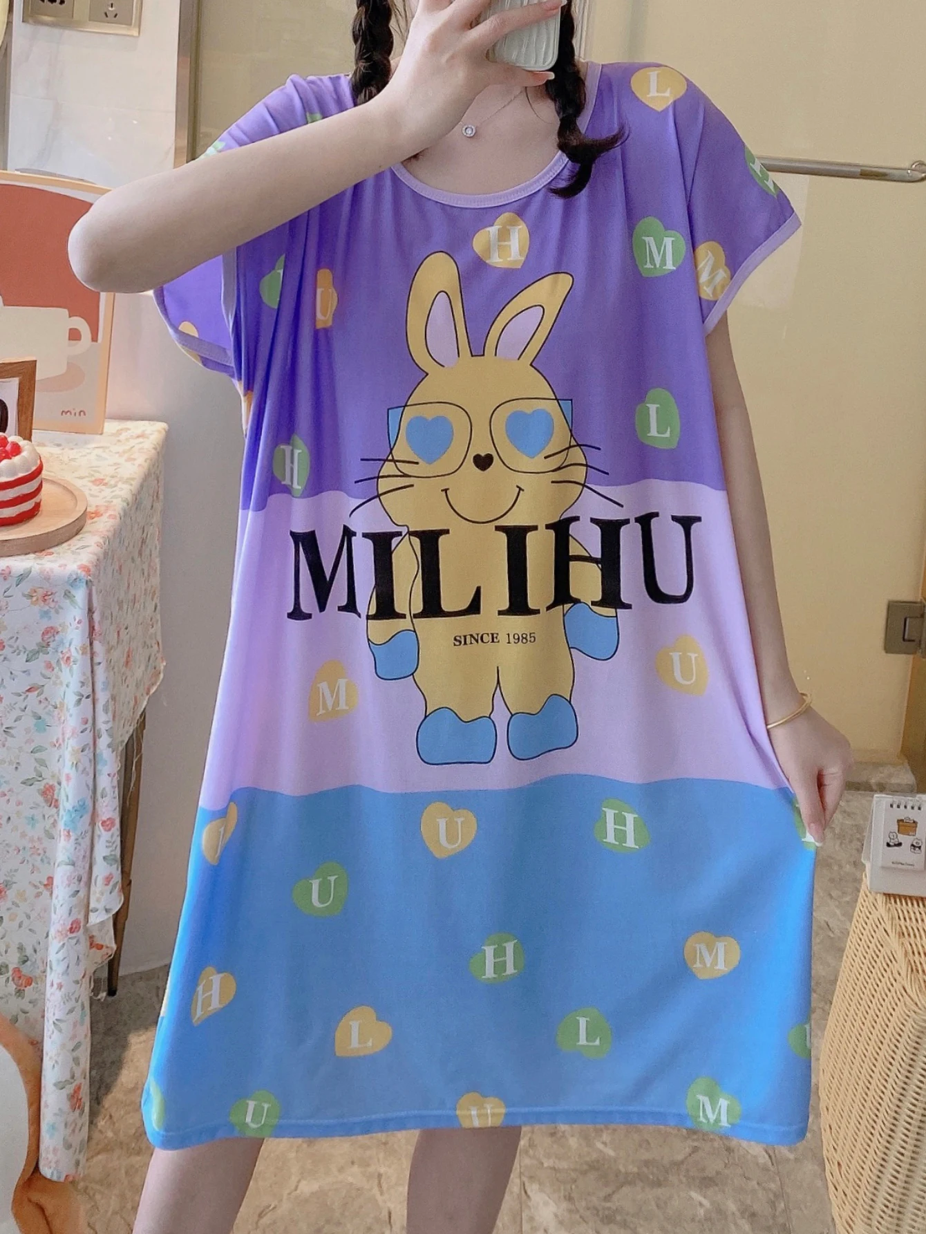 Cartoon Purple Rabit Lounge Dresses, Comfy Cute Short Sleeve Crew Neck Dress, Women's Loungewear & Dresses
