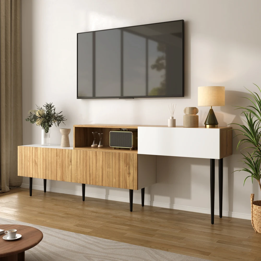 Moderner TV-Schrank mit verstellbarer Länge, Holzoptik + weiß matt, schwarze Metallbeine, multifunktionale Wohnzimmermöbel – Detail 2