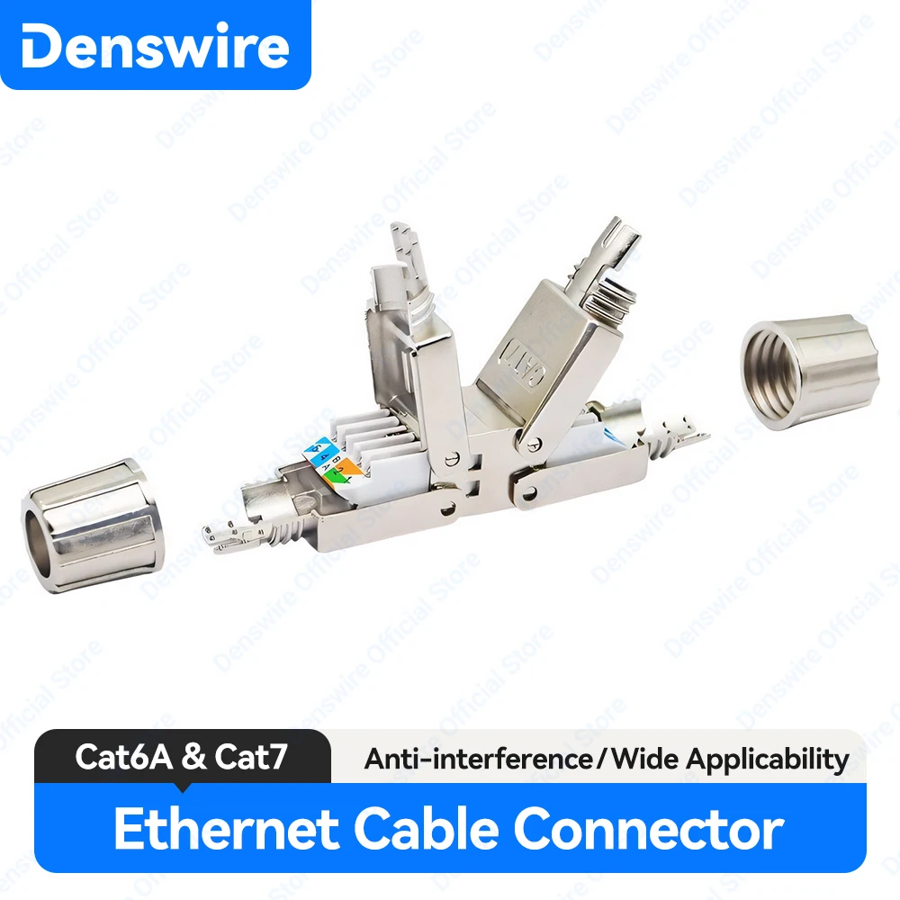 Denswire Tool-Free RJ45 Connector Reusable Shielded Tool Less Ethernet Cable Extender PoE+ for Cat7/Cat6A Network Cables