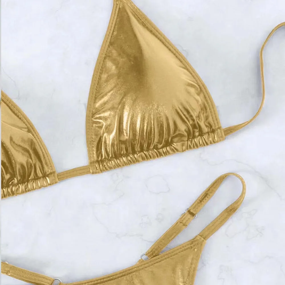 

Sexy Women's Bikini Fashion Yellow Color Shiny Surface Thong Bikini Swimsuit Women's Swimsuit Two-Piece Summer Beach Swimsuit