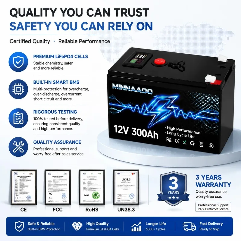 12V 300Ah LiFePO4 Battery 1920Wh Deep Cycle Replacement Battery with Smart BMS for RV Solar Energy System Home Backup