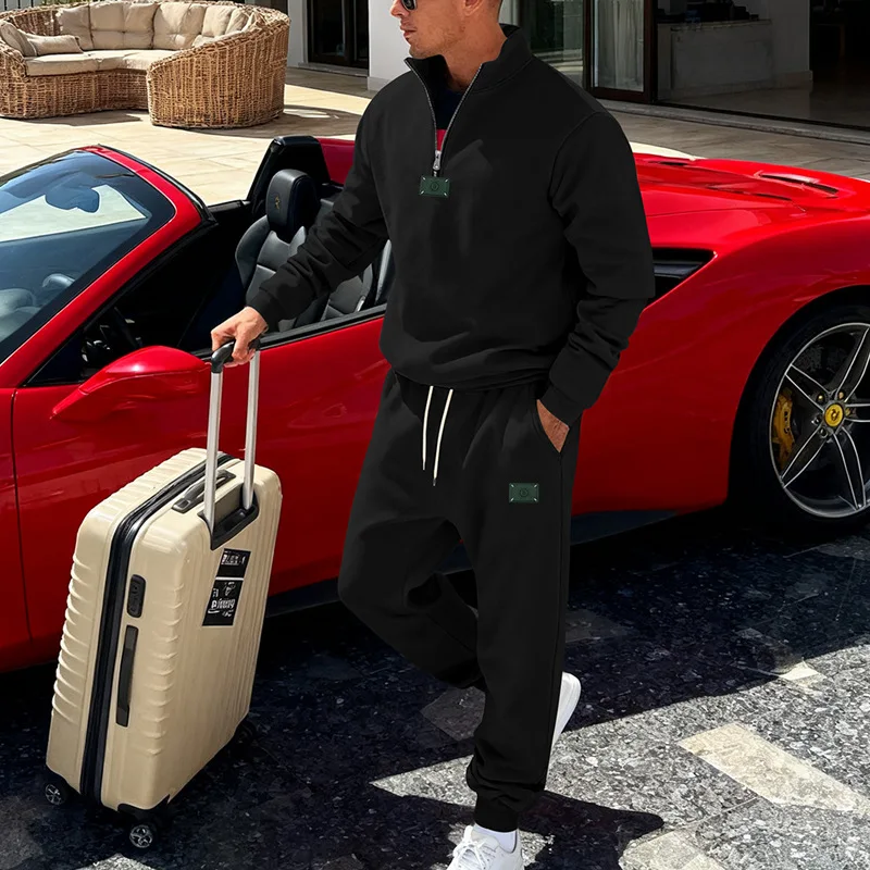 مجموعة سراويل رياضية كاجوال للرجال بشعار مخملي فضفاض للشتاء عبر الحدود وياقة واقفة وياقة واقفة