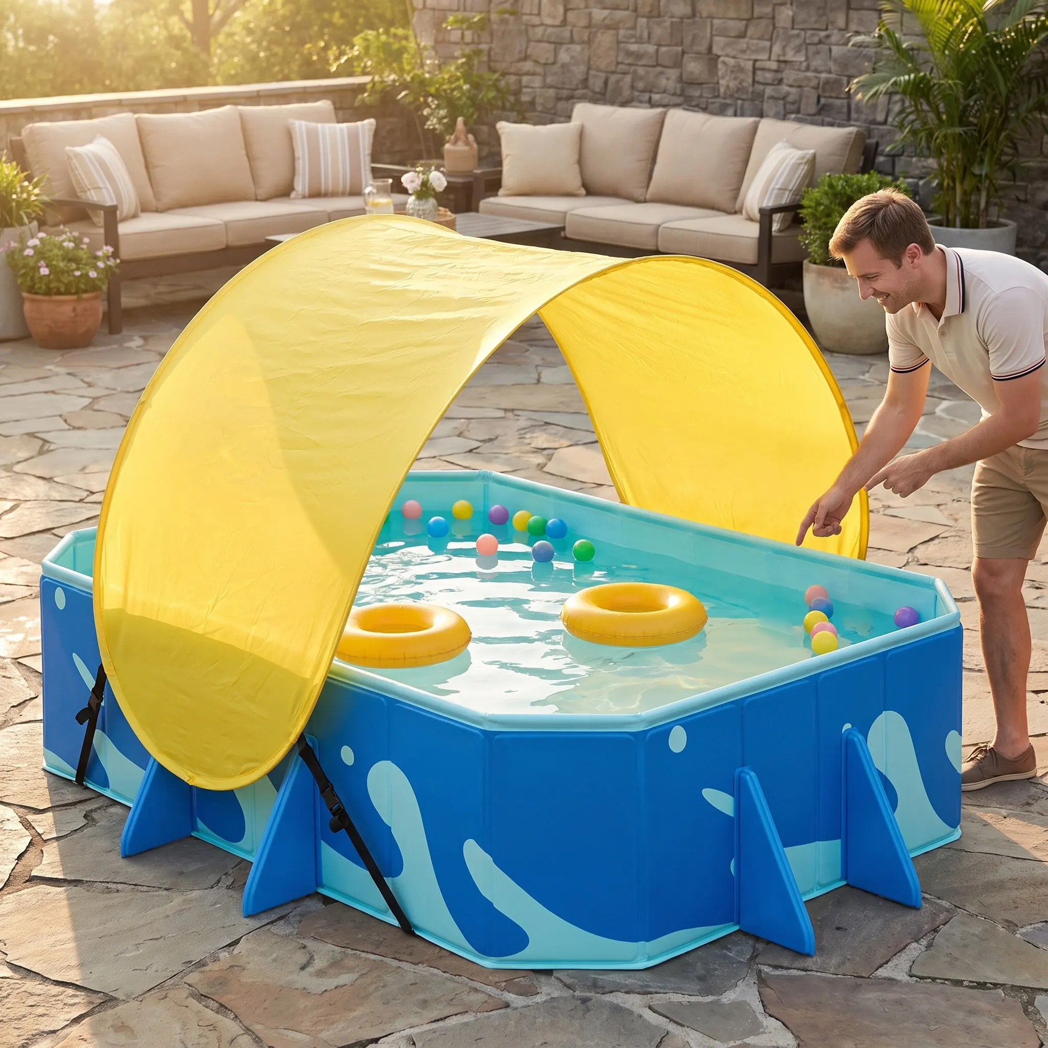 Swimming Pool Awning Inflatable Canopy Dog Water Raft Sun Cover Float Folding Sunshade Yellow Collapsible for