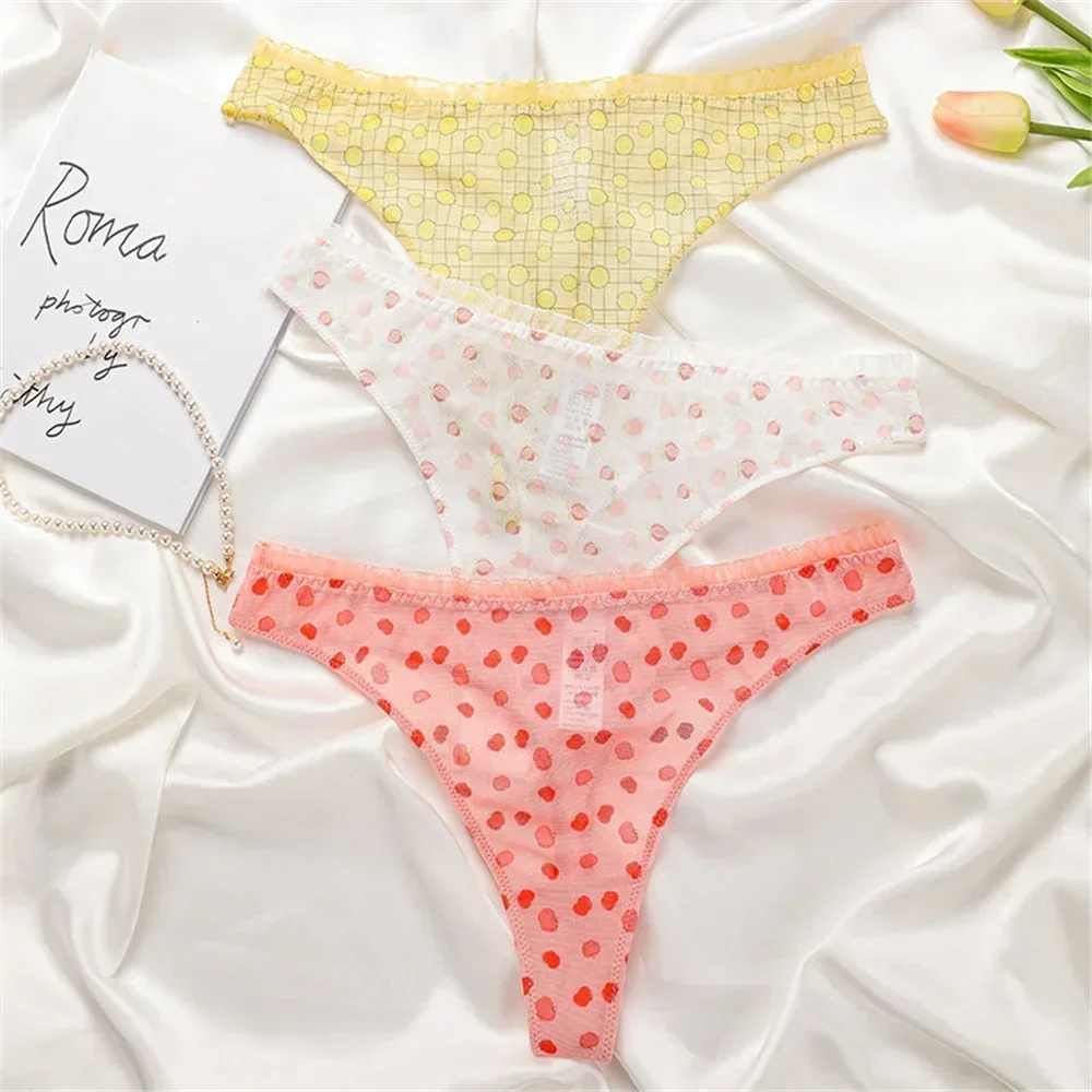 2pcs Lemon/Apple/Peach Sexy T-back Women's Underwear Fruit Printed Sexy Lace Thong Tangas Cotton Crotch Girl's T-pants