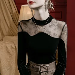 #4317 Velvet Spliced Mesh Long Sleeve T Shirt Women Sexy Tight See Through Clothes Black Skinny Vintage Short Womens Tee Shirts