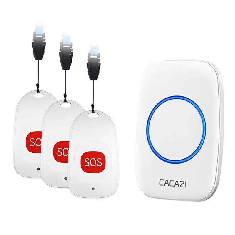 CACAZI Smart Home Wireless Pager Türklingel Alter Mann Patient Notfallalarm 80 m Reichweite 3 SOS-Taste 1 Empfänger US EU UK-Stecker