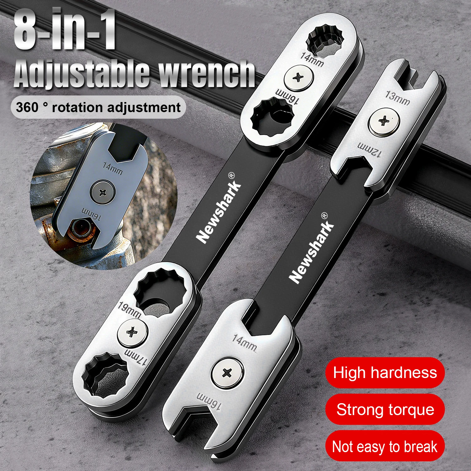 8-in-1 Multi-Function Universal Wrench Set, 360° Rotating Socket Wrench (6-19mm) for Auto & Motorcycle