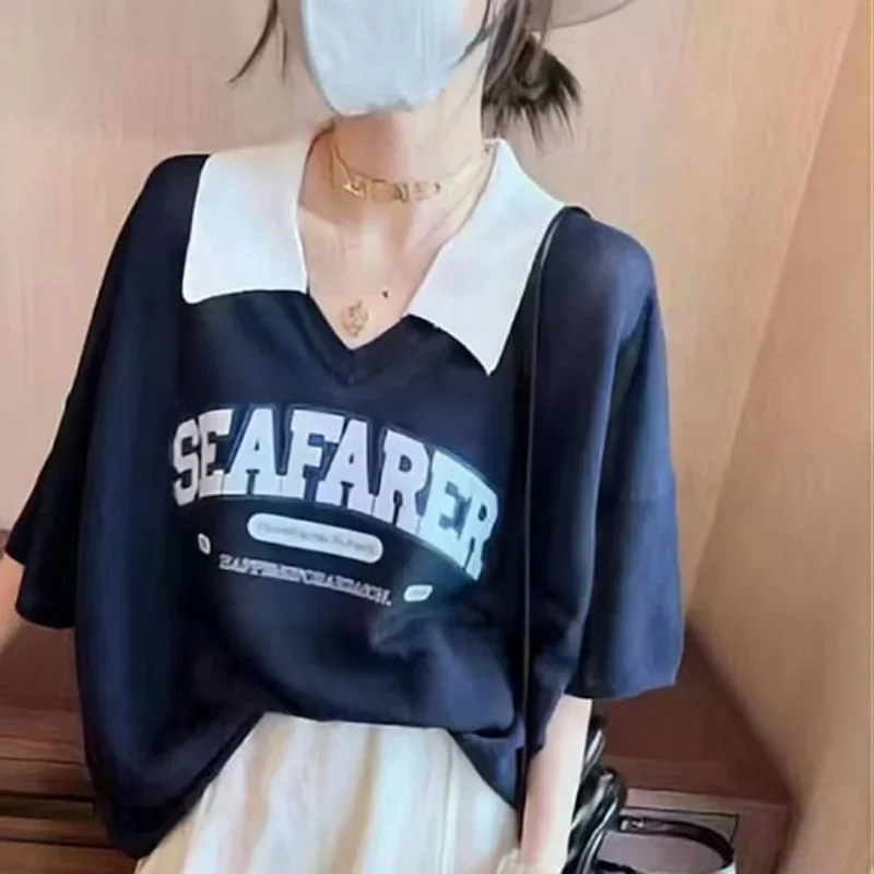 DAYIFUN-Letter Print T-shirt Women Ice Silk Thin Short Sleeve Knitted Poloshirt Oversize Breathable Versatile V-neck Tee Summer