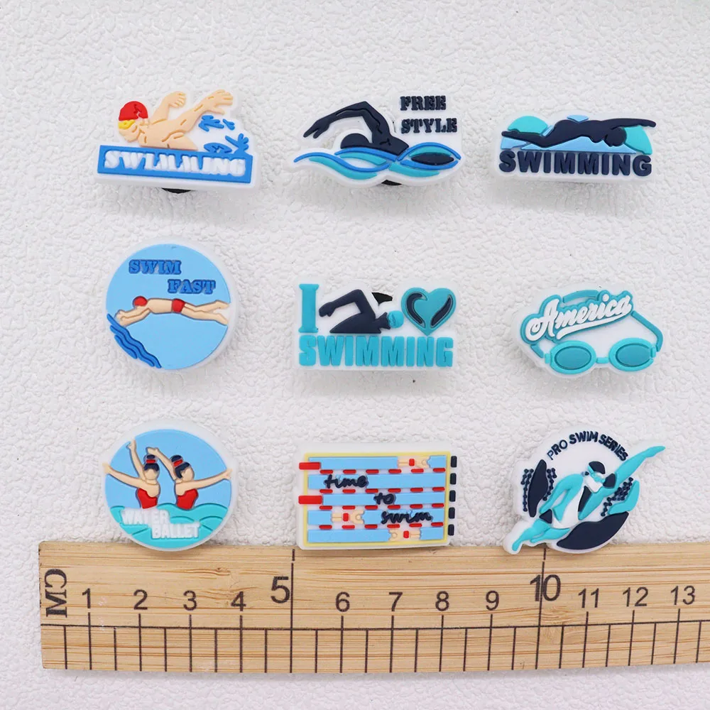 Hot Sale 1-9pcs PVC Shoe Charms Blue Pool Swimming Diving Surfing Accessories DIY Shoes Decoration For Kids X-mas Gift