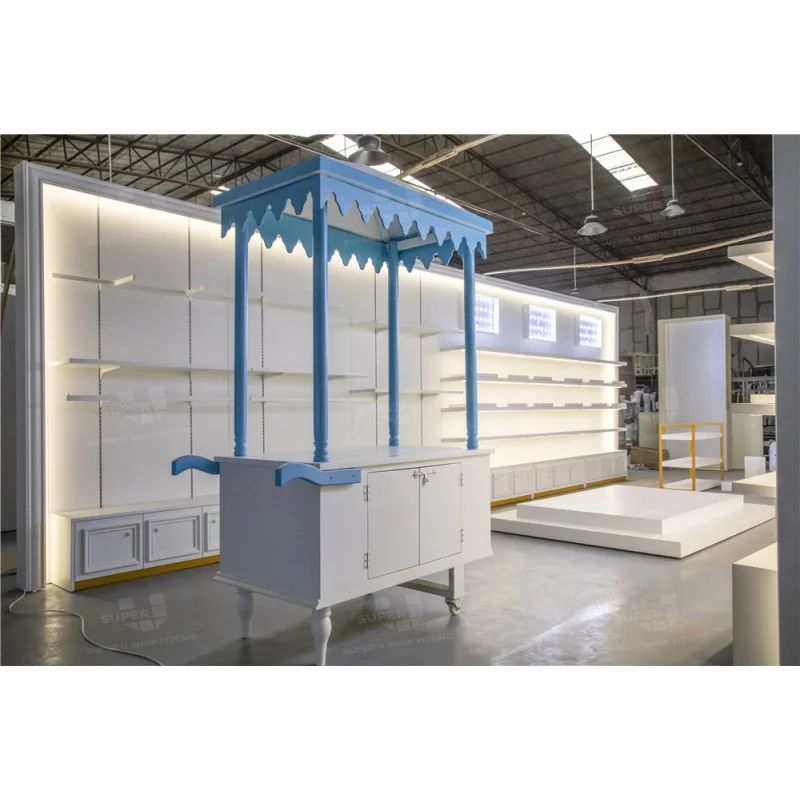 (customized)Bespoke Wall Shop Shelving Retail Showcase Store Fixtures White Wood Glass Shop Shelves Display Showcase LED Light S