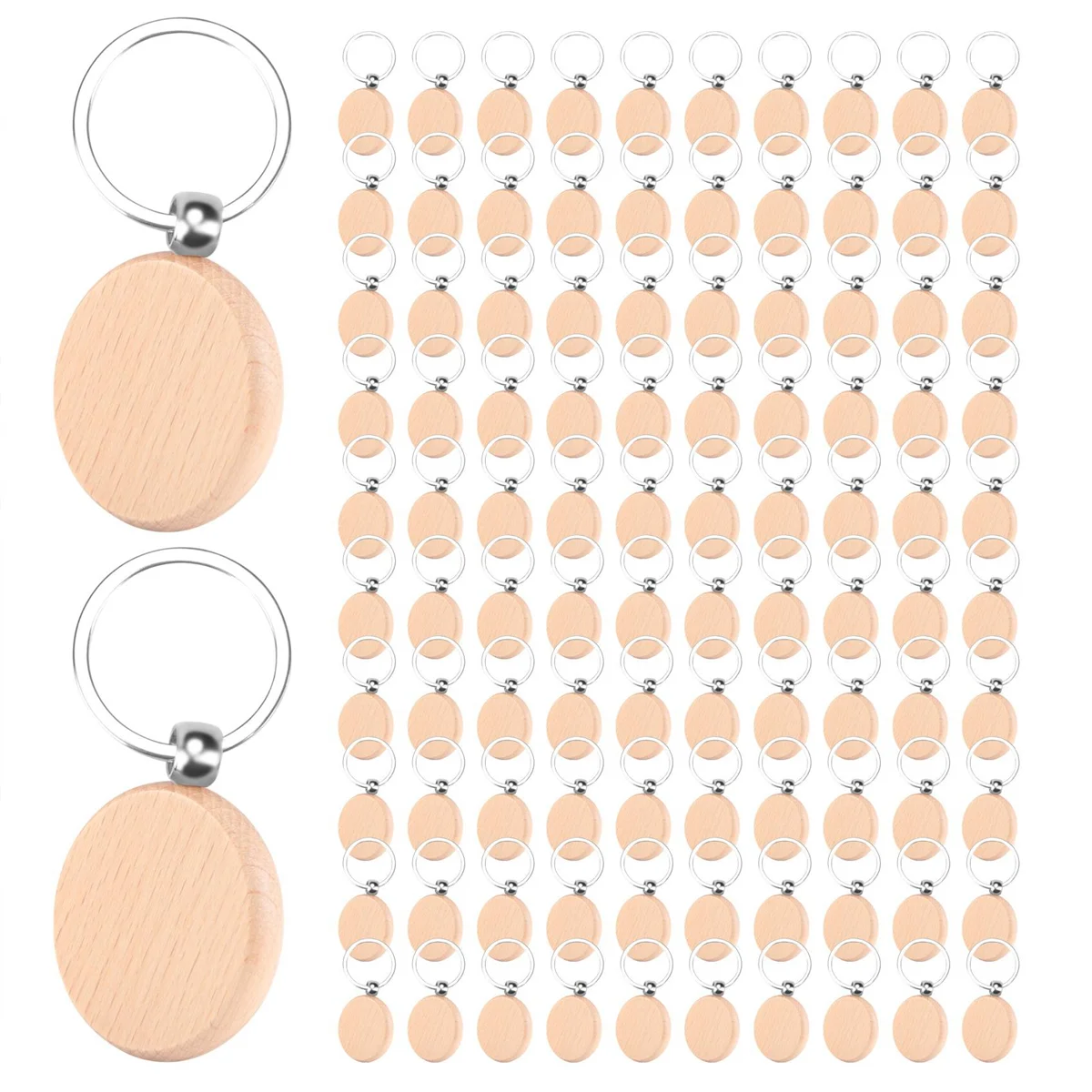N89R 100Pieces Wooden Keychain Blanks Bulk Round Wood Engraving Blanks Unfinished Wooden Key Ring Key Tag B