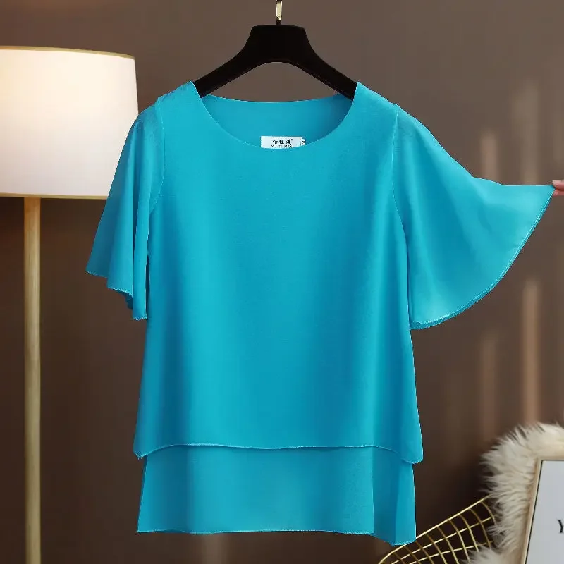 Oversized Summer Women Blouses Short Sleeve Solid Chiffon Blouse Casual O-Neck Ladies Cozy Tops Loose 5XL 6XL 2022 Femininas Top