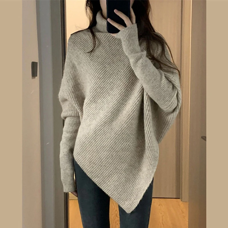 High Collar Irregular Sweater Women Korean Fashion Long Sleeve Jumpers Woman Autumn Winter Turtleneck Knitted Pullovers Female