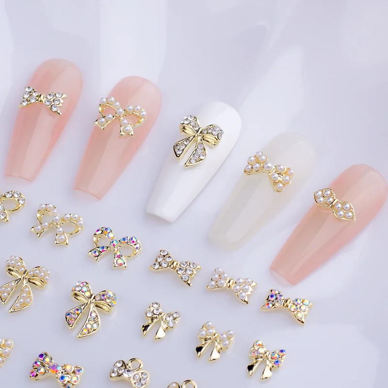 10PCS Alloy Bow Nail Charms Gold Bowknot Crystal Decoration 3D Rhinestone Nail Parts Gem Stones Supplies DIY Manicure Design#10