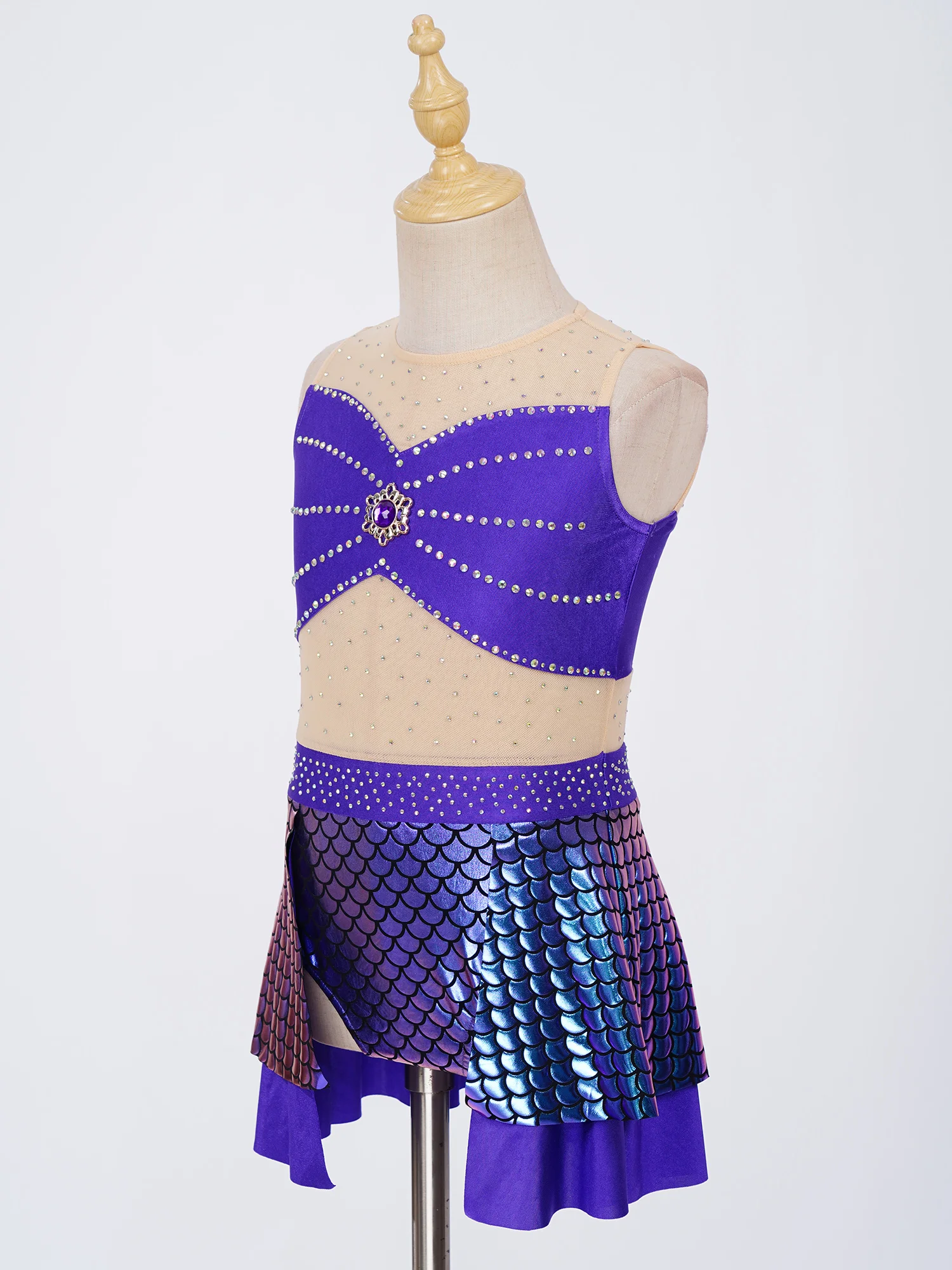 Kids Metallic Fish Scale Bodysuits for Girls Mermaid Dress-up Sleeveless Rhinestone Leotard Mesh Patchwork Princess Costume