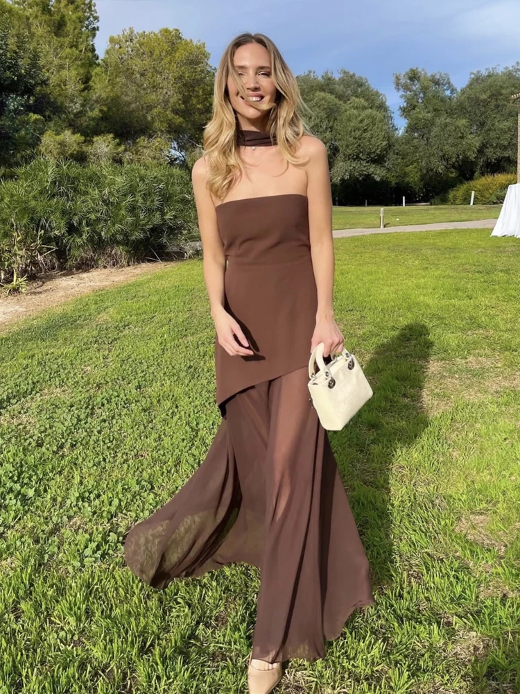 Fashion Elegant Solid Strapless Chiffon Maxi Women Evening Dress Halter Neck Party Gown Chic Vacation Sleeveless Long Dresses