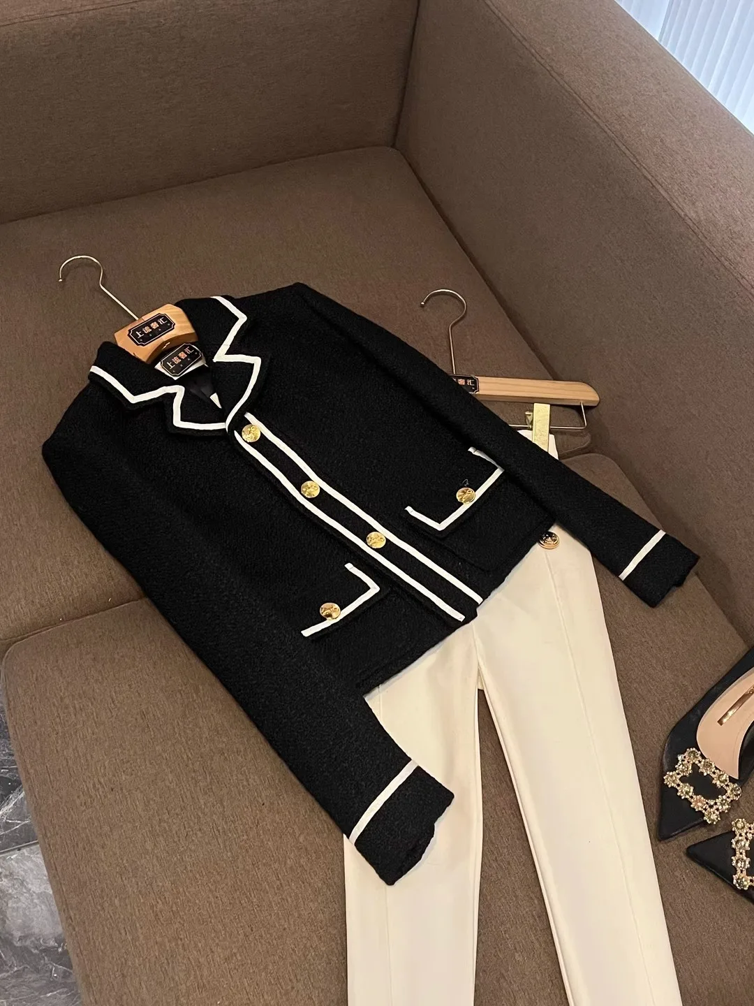 

Sweet Fre Autumn Winter ort Woolen Suit Jaet Korean Sle Flip Collar Coarse Tweed Women's Faion Workwear Long Sve