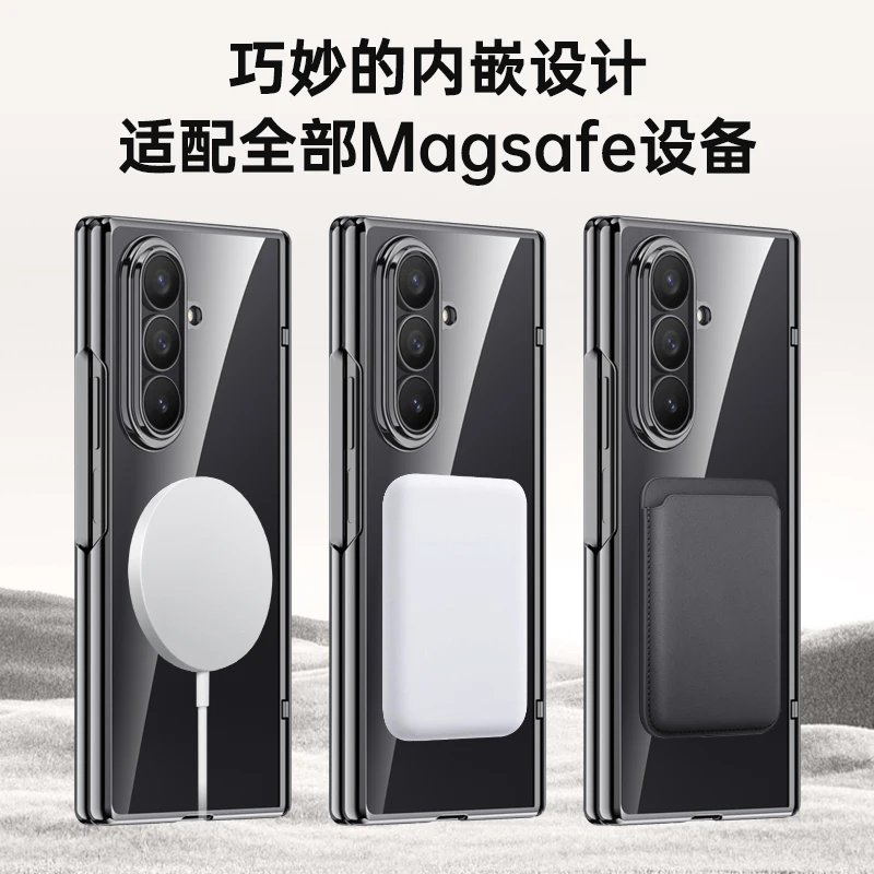 For Samsung Galaxy Z Fold 7 Magsafe Case Electroplating Transparent Fold Hinge Magnetic Wireless Charging With Mirror Film Cover