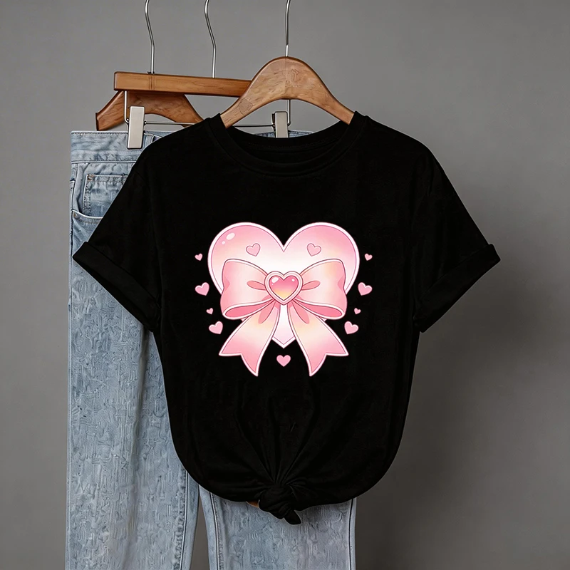 Y2K T-Shirts mit Herz- und Schmetterlings-Schleifen-Print für Damen, lässiges Rundhals-Kurzarm-T-Shirt, Damen-Grafik-T-Shirt, Kleidung