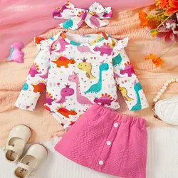 Fashionable Girl Set Cartoon Little Dinosaur Long Sleeved Bodysuit+Headband+Rose Red Skirt  Suitable for Toddlers Aged 0-2Years