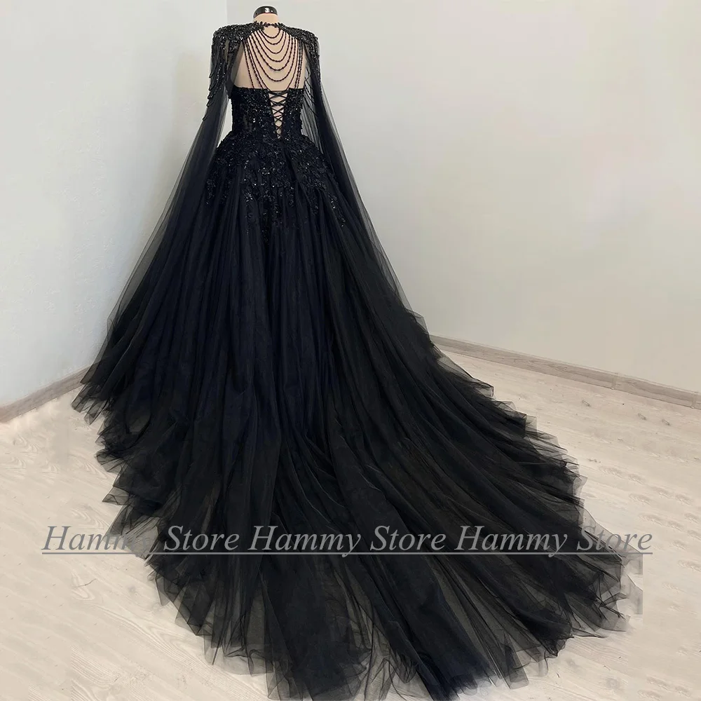 Exquisite Gothic Wedding Dress Customized Sweetheart Stones Beading Black A Line Corset Bridal Gown with Detachable Tulle Cape