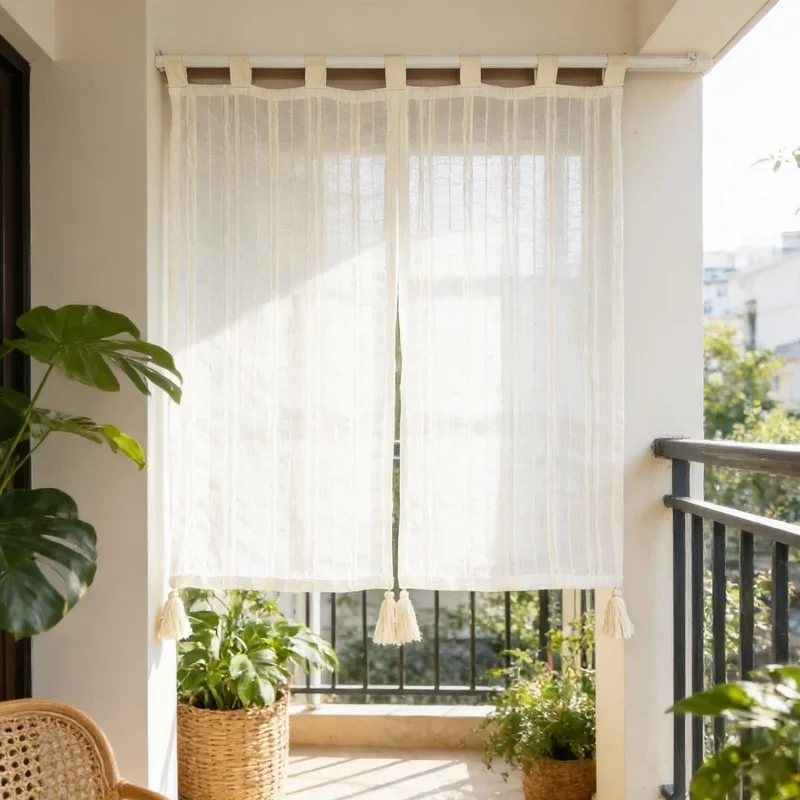 1PC Japanese Design Striped Embroidery Beige Broom Tassel Gauze Curtain Villa Farmhouse Sheer Tulle Coffee Curtain Pulling Short