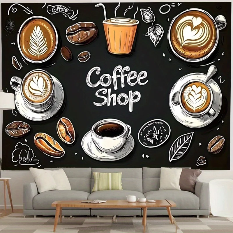Coffee Latte Art Tapestry, Black Background with Coffee Theme Illustrations, Cafe Style Wall Art for Home and Event Decor