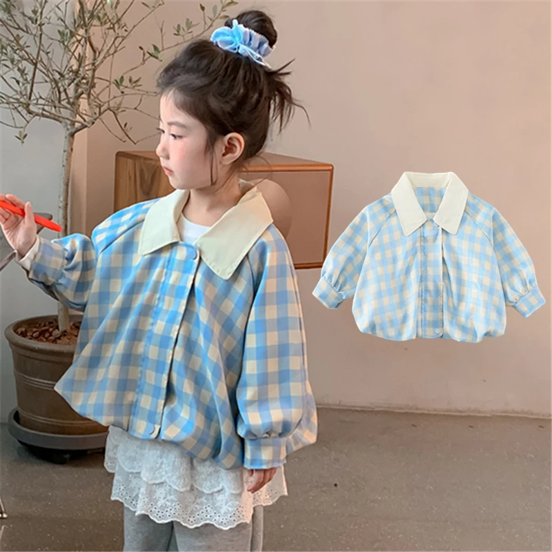

Spring Autumn Baby Girl Turn Down Collar Blue Plaid Jacket Toddler Children Casual Zipper Coat Simple Style Kids Wear 2-9 Years