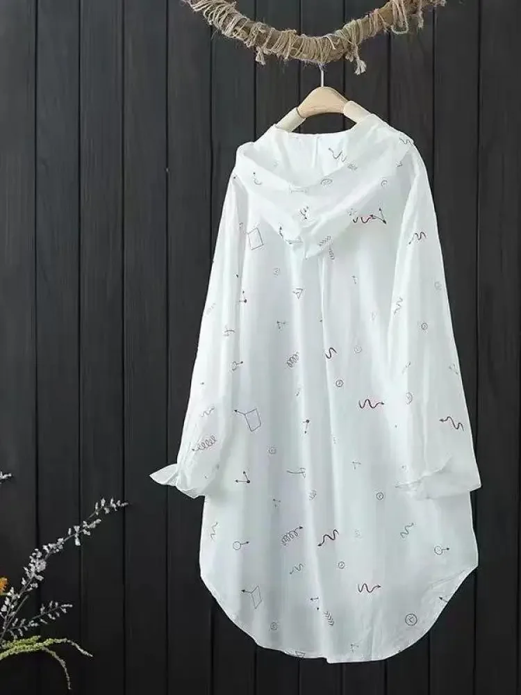 Summer New Coat Medium Long Jacket Thin Printed Blouse Women's Shirts Hooded Sunscreen Long Sleeved Shirt Female Top