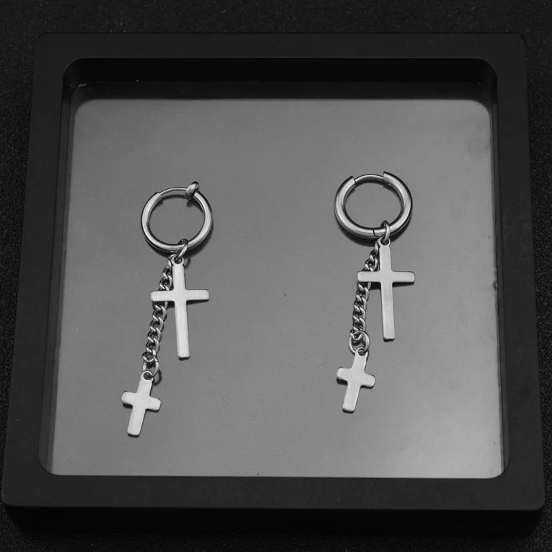 شرابة الصليب Huggie هوب أقراط للرجال، الفولاذ المقاوم للصدأ سلسلة الصليب قرط كبس، الهيب هوب العصرية مجوهرات هدايا