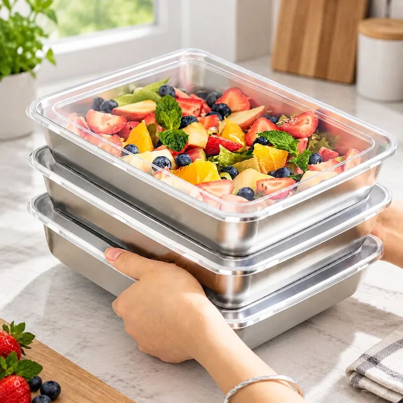 3-Piece Stainless Steel Food Storage Containers with Clear Lids, Leak-Proof Design for Kitchen and Outdoor Camping